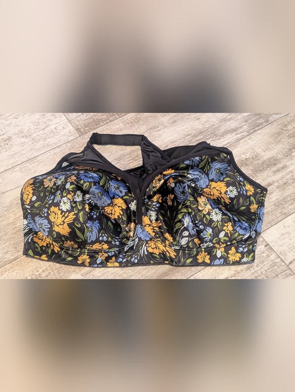 Adore Me Black Sports Bra with Blue and Mustard Floral Print Size 44G Like New